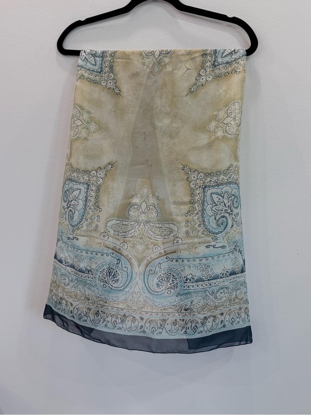 Vintage Y2K Sage & Steel Blue Paisley Chiffon Scarf